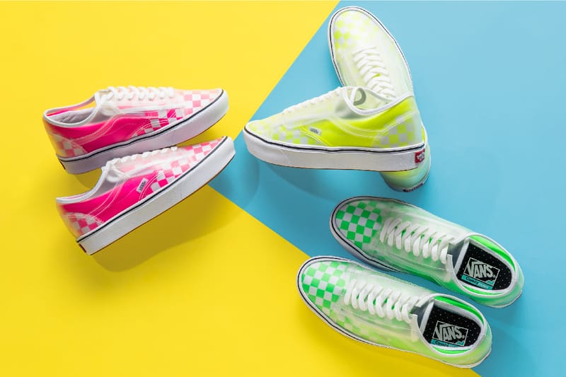 Blue yellow and pink cheap checkerboard vans