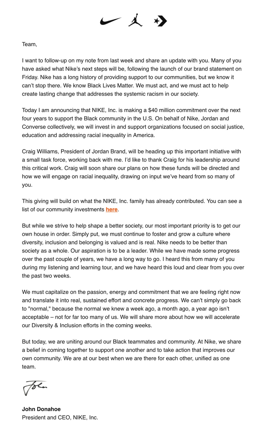 Nike CEO John Dohnahoe Anti-Racism Letter to Employees | Hypebeast