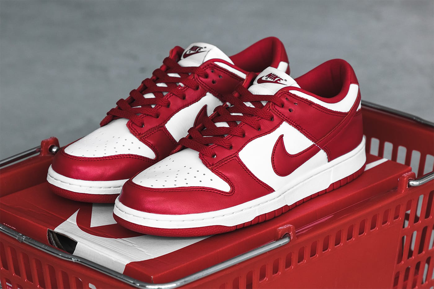 Nike DunkLow SP White and University Red