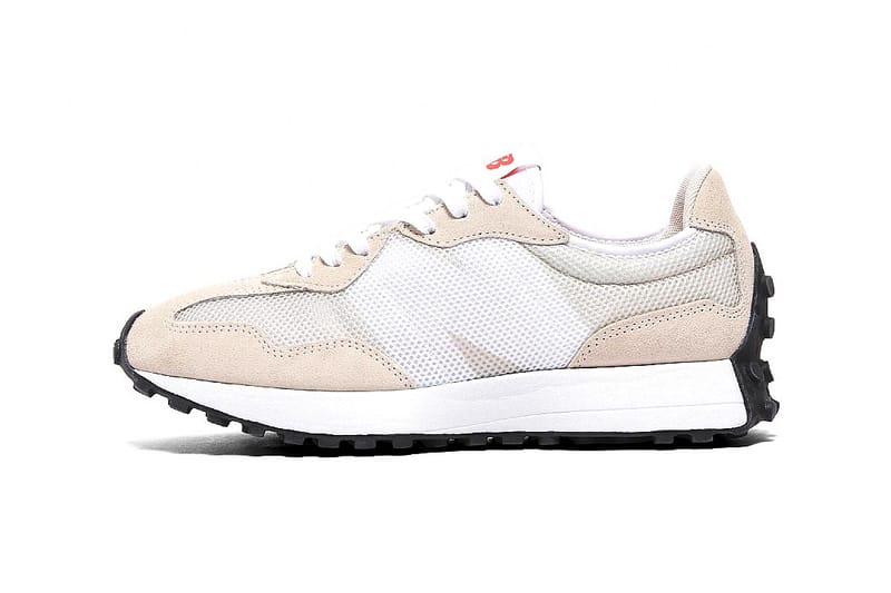 white and beige new balance 327