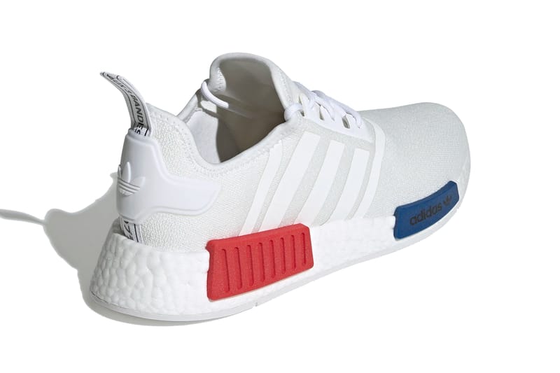 Adidas originals nmd r1 trainers in white with red heel block sale