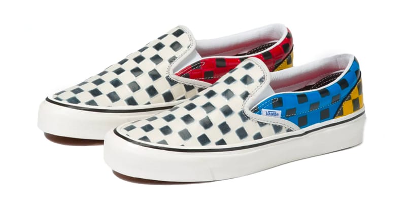 Red blue and deals yellow slip on vans