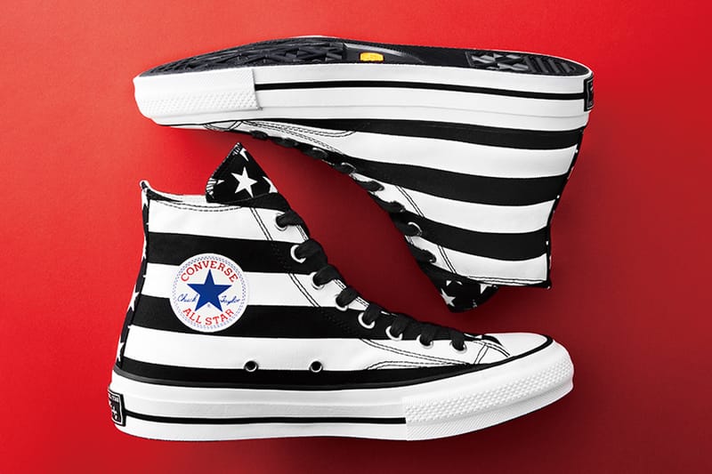 Black and white striped converse best sale high tops