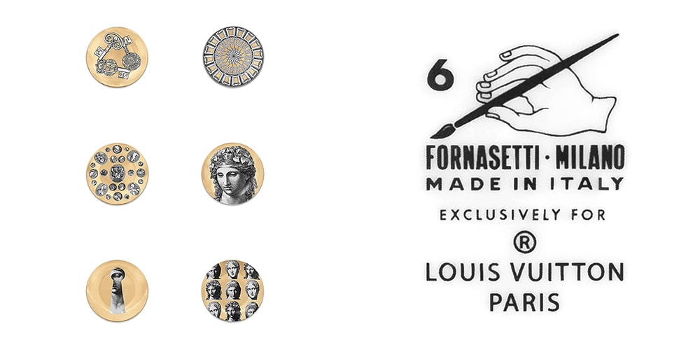 Иконография Louis Vuitton осень-зима 21 украшает этот набор тарелок Fornasetti стоимостью 5200 долларов США