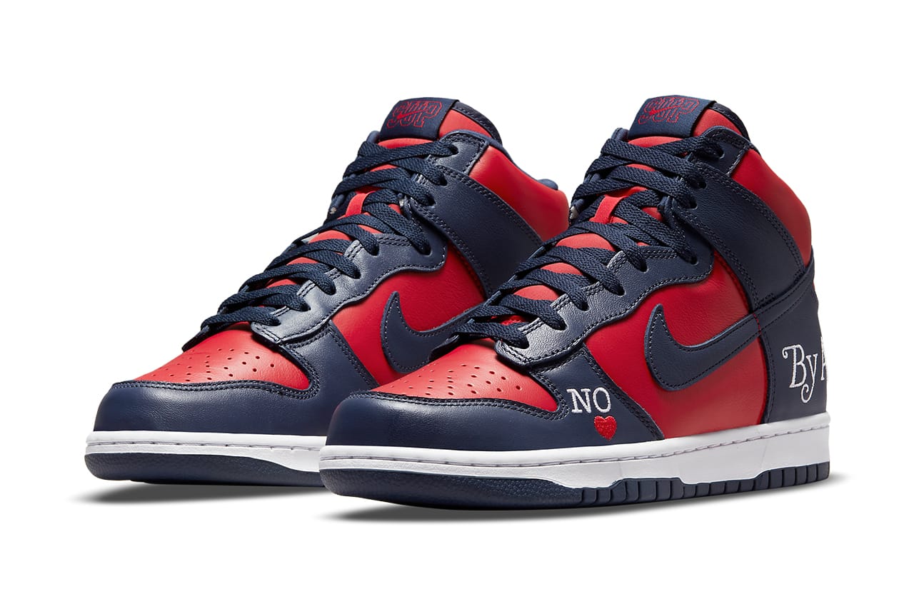 Supreme Nike SB Dunk High By Any Means Navy Red Release | HYPEBEAST