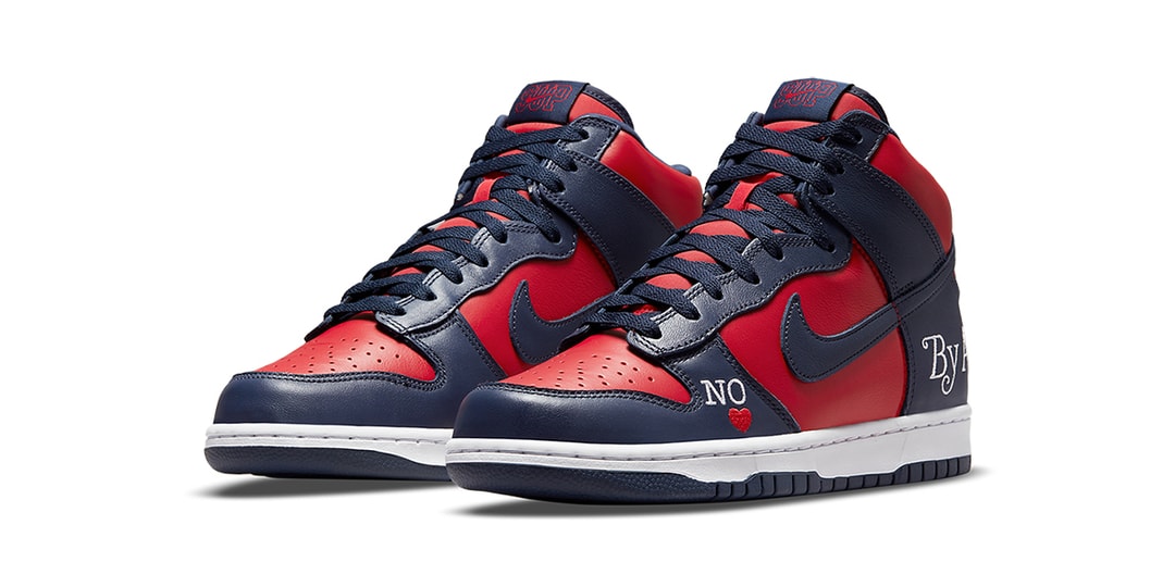 Официальный взгляд на кроссовки Supreme x Nike SB Dunk High «Любыми средствами» в темно-синем/красном цвете