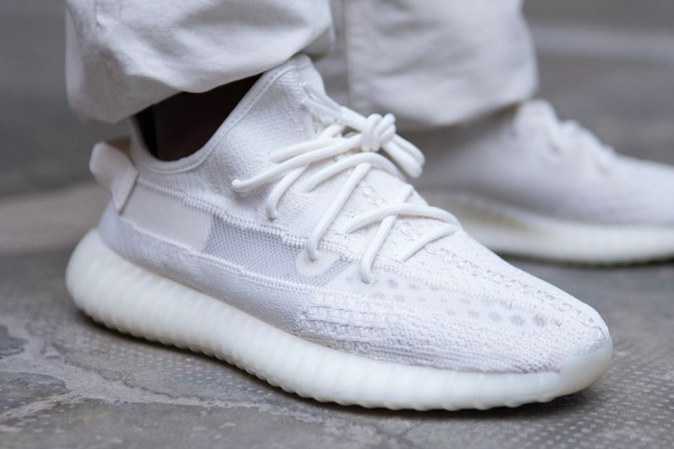 cream white yeezy on feet