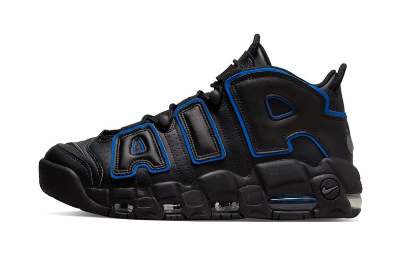 Nike uptempo black and sales yellow