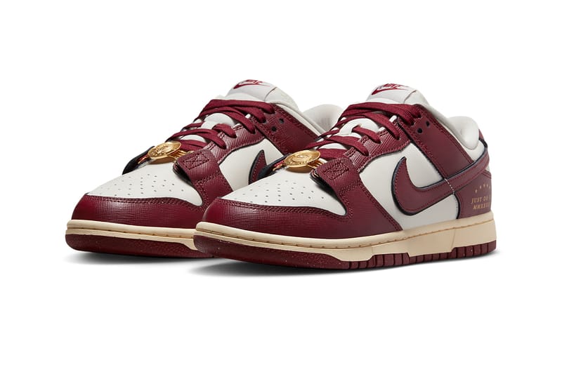 Burgundy nike slides with gold swoosh sale