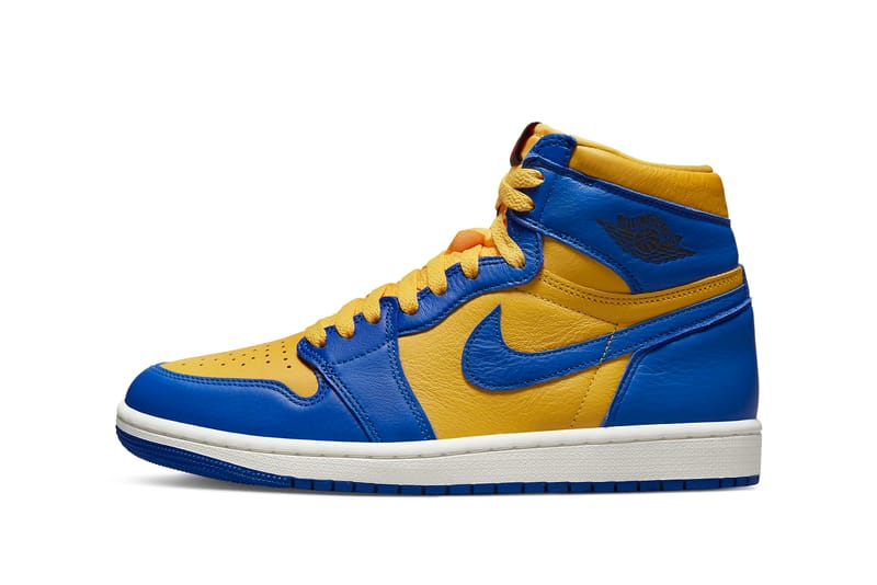 Jordans blue yellow hot sale and white