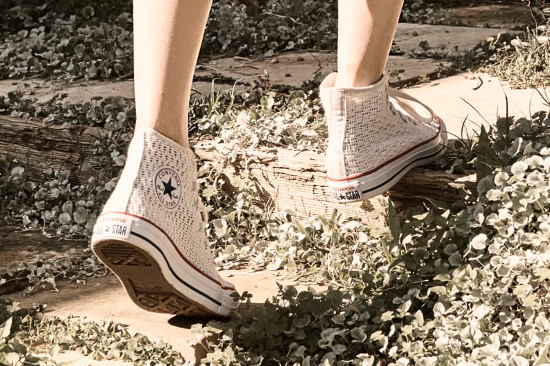 White crochet outlet converse high tops