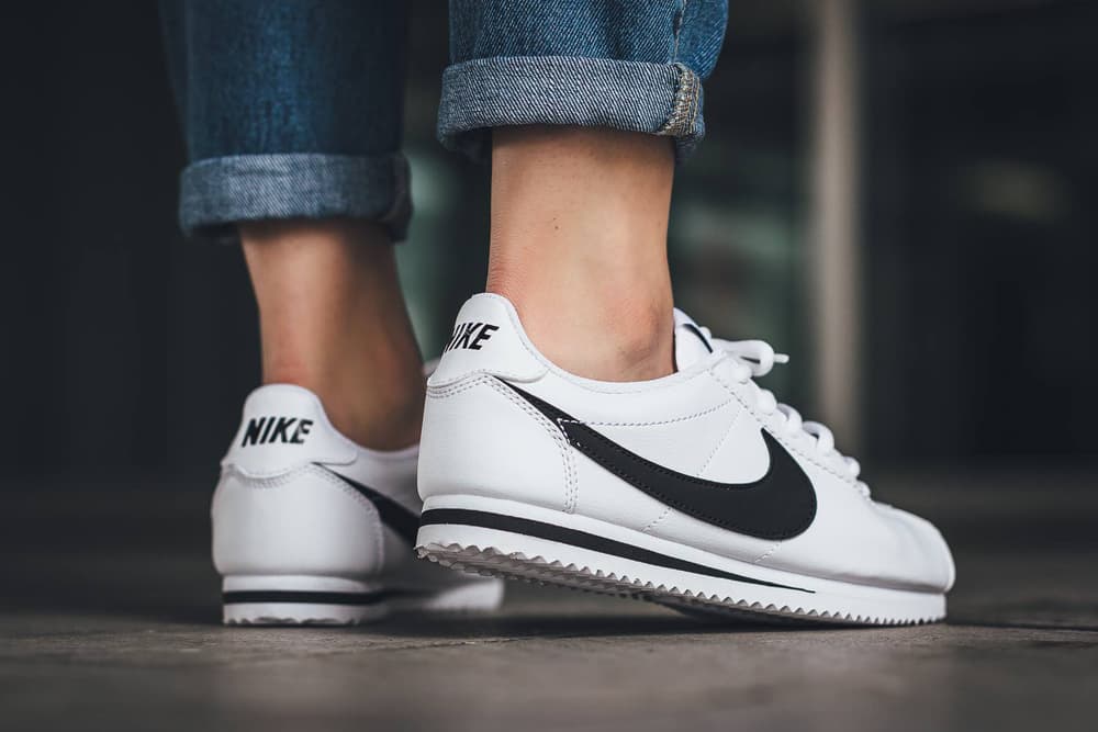 white cortez on feet