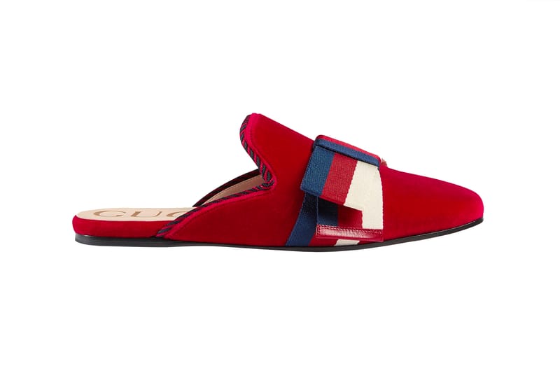 Gucci Sylvie Bow Velvet Slippers in Red Blue Hypebae