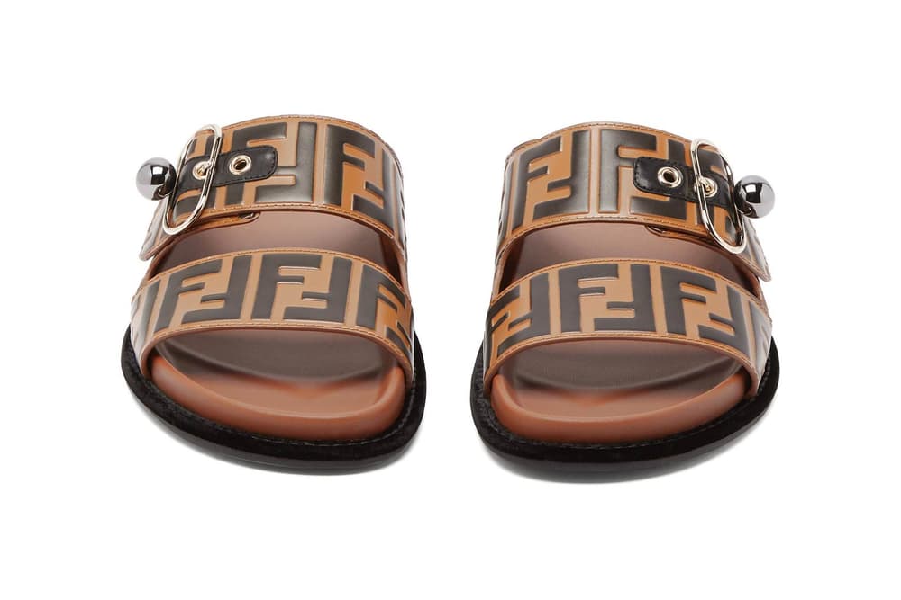 Shop Fendi's Logo Leather Slides in Brown | HYPEBAE