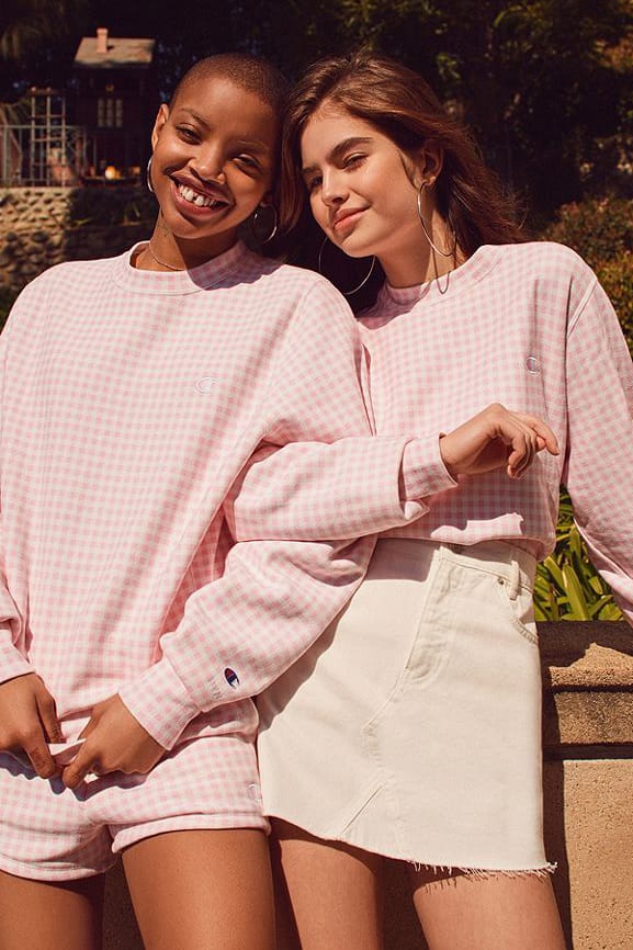 Pink checkered champion online sweatshirt