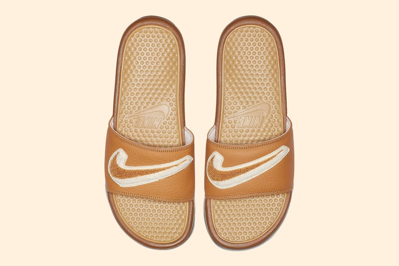 Nike benassi slides purple and gold best sale