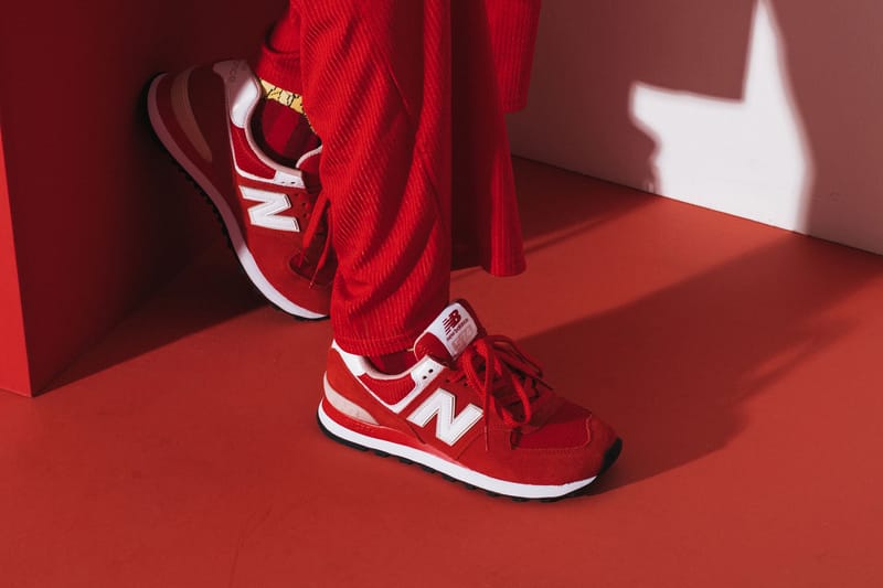 New balance 574 red hotsell on feet