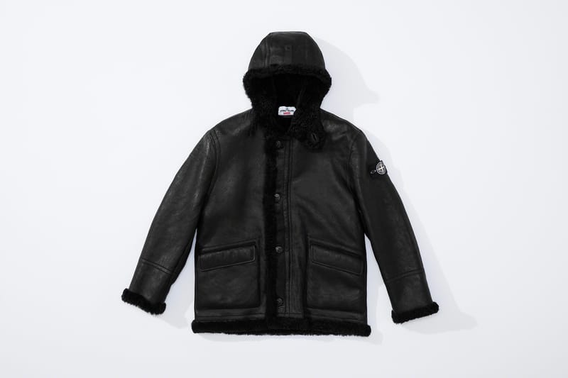 Supreme stone island hand painted hooded shearling best sale jacket white