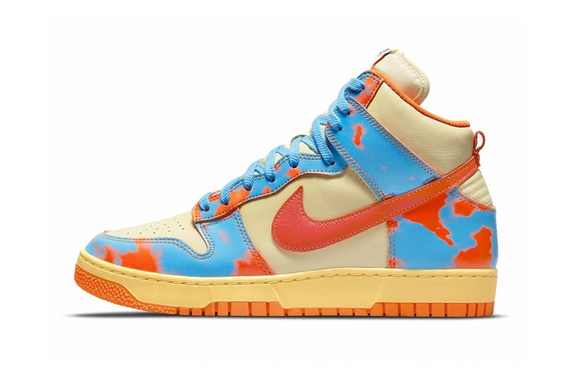 Orange and blue 2025 high top nike dunks