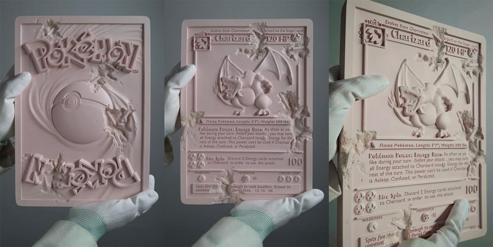 ダニエル・アーシャムが初期版リザードンのカードを彫刻で再現 
