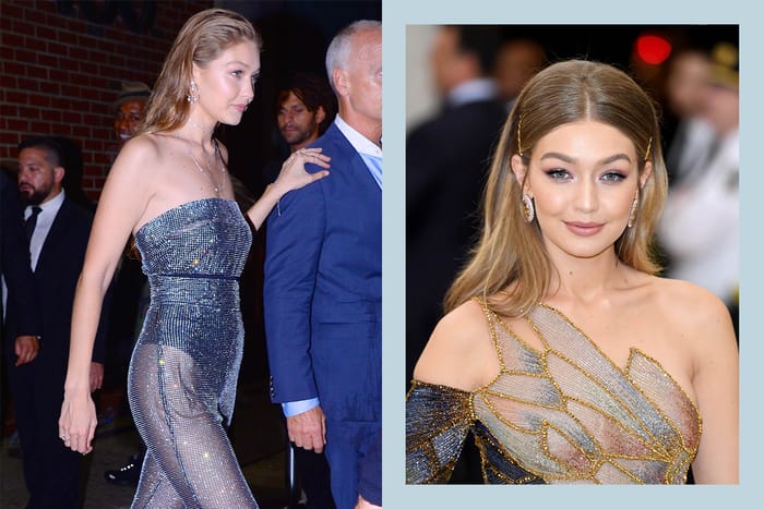 雖然不及好姊妹們性感，但穿著水晶連身褲的 Gigi Hadid 已豔壓全場！
