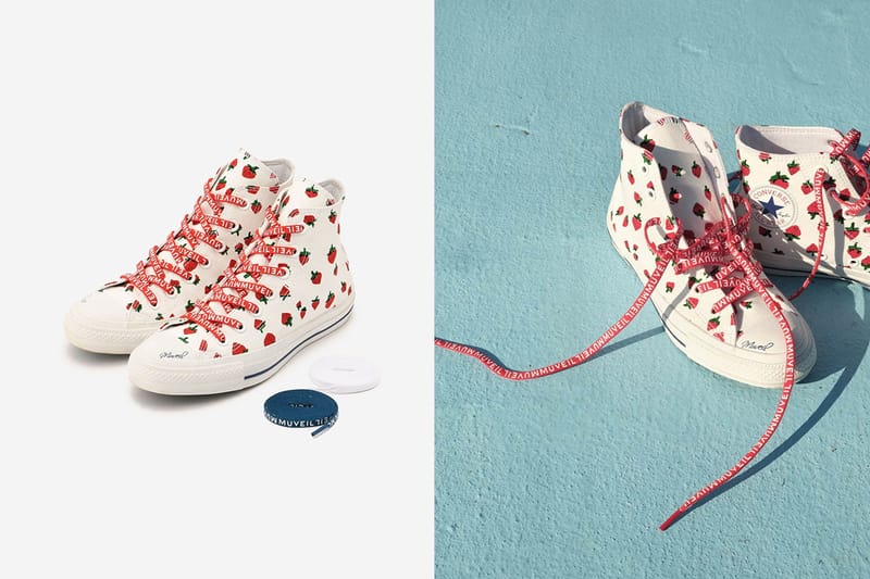 【美品】CONVERSE×MUVEIL コラボALL STAR 100 いちご柄 コンバース トウキョウ×ミュベール初のスニーカー、“イチゴ”の総