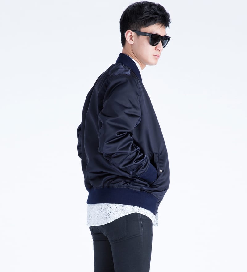 Maison Kitsuné - Dark Navy Satin Bomber Jacket | HBX - Globally