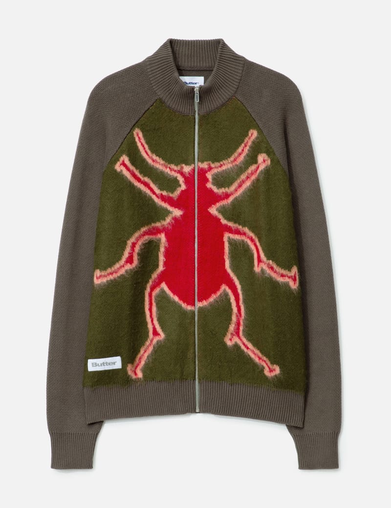Butter Goods Beetle Zip-Thru Knit Sweater - Olive jacquard faux