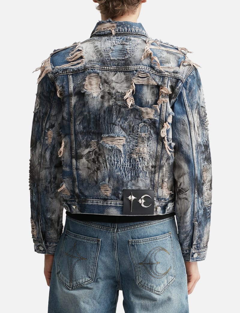 THUG CLUB Hard-washed Damaged Denim Jacket - Distressed blue denim