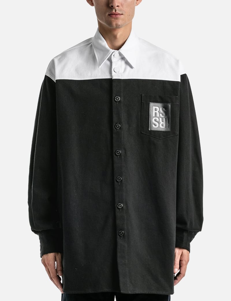 Raf Simons - OVERSIZED BICOLOR DENIM SHIRT WITH R PIN IN BACK ...