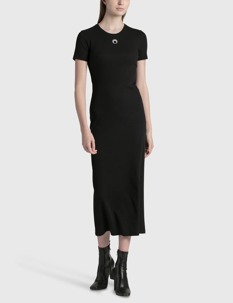 ワンピース MARINE SERRE Woman Dress Black WDR355ARWOV0001 BK99 Moon Logo Ribbed Jersey Mini Dress • Marine Serre