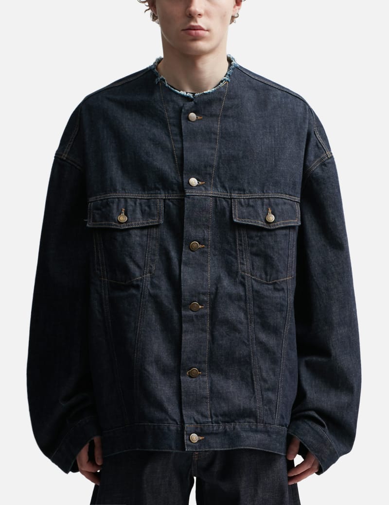 Collarless denim jacket on sale men