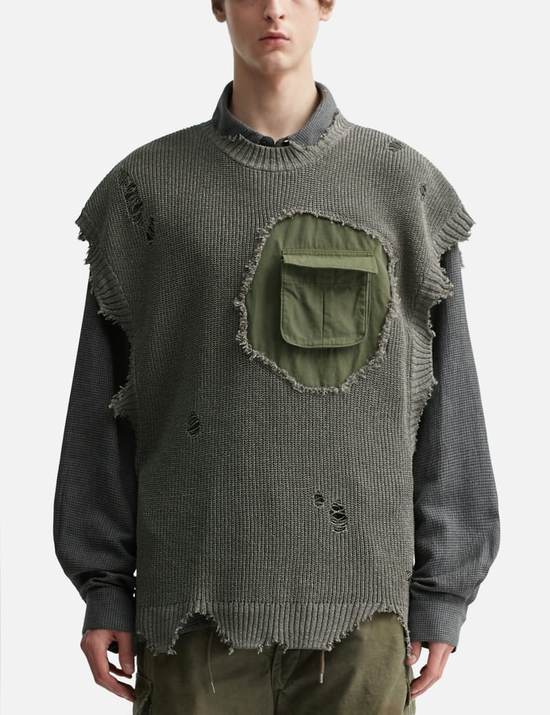 KHOKI Destroyed Knit Vest - ミリタリー風リップストップ×異素材