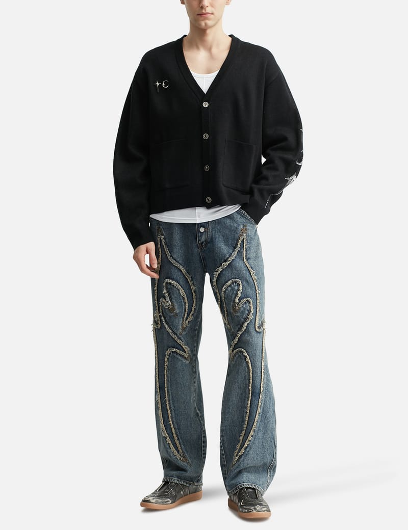THUG CLUB TC Bone Knit Cardigan - Black V-neck knit with bold bone