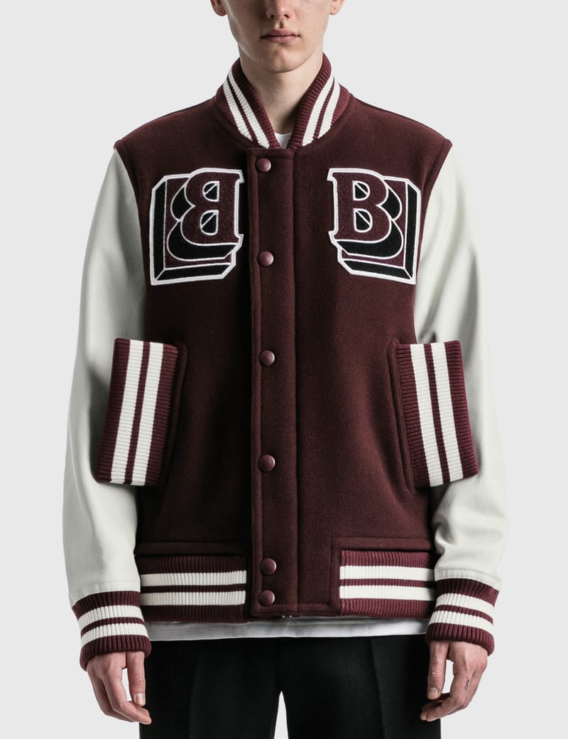 Leather Sleeve Wool Blend Varsity Jacket In Red