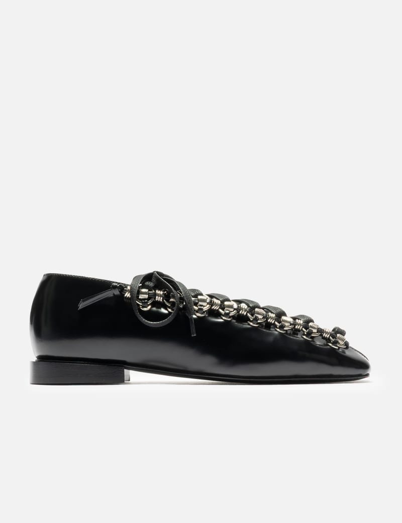 Toga Pulla Cross Strap Ballet - Black leather ballet flats with