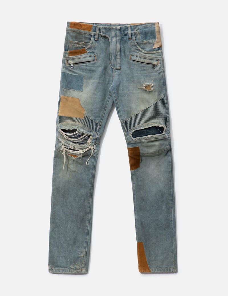 Balmain Biker Denim - Distressed blue biker jeans with oxidized