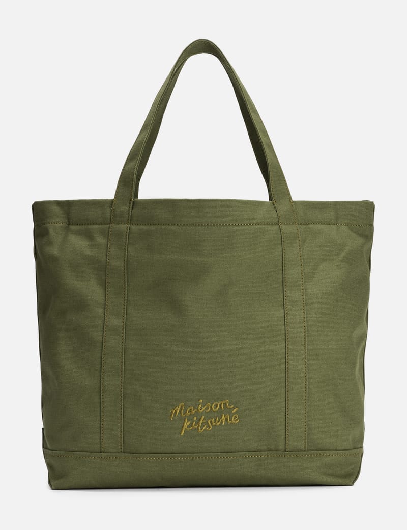 【Maison Kitsune】 Fox Head Small Tote Military Green Maison Kitsuné - Fox Head Leather Pocket Mini Tote Bag | HBX