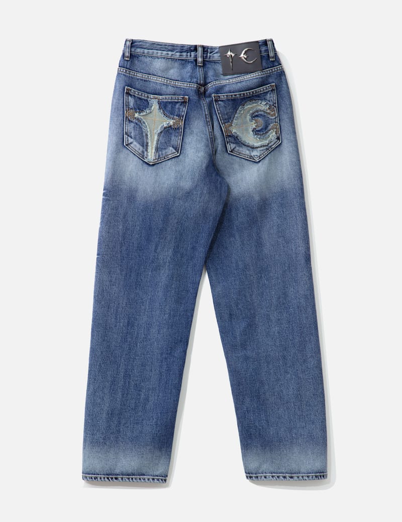 THUG CLUB TC Bone Leather Denim Pants - Washed blue denim with