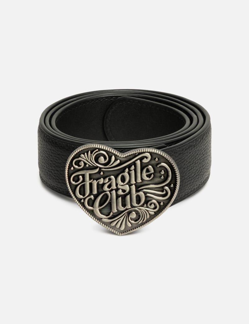 FRAGILE CLUB Large Heart Buckle Belt - Black grained leather with