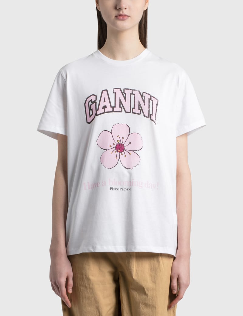 Tシャツ・カットソー Ganni T-Shirt Cherry In Cotone Bright White White Basic Jersey Cherry Relaxed T-shirt