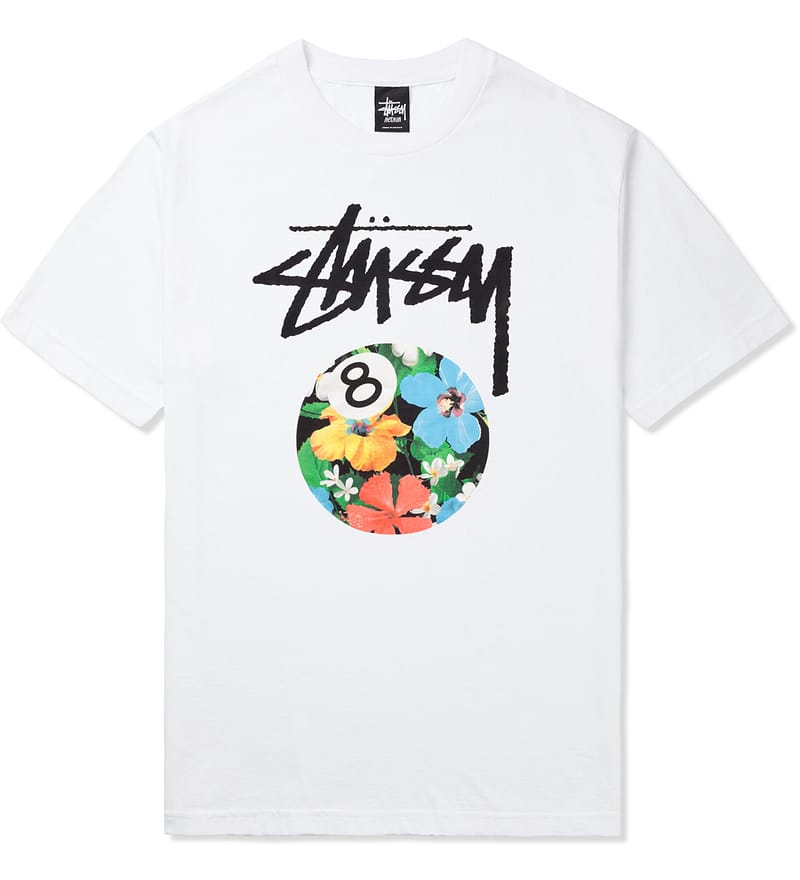 Stüssy - White 8 Ball Flower T-Shirt | HBX - Globally
