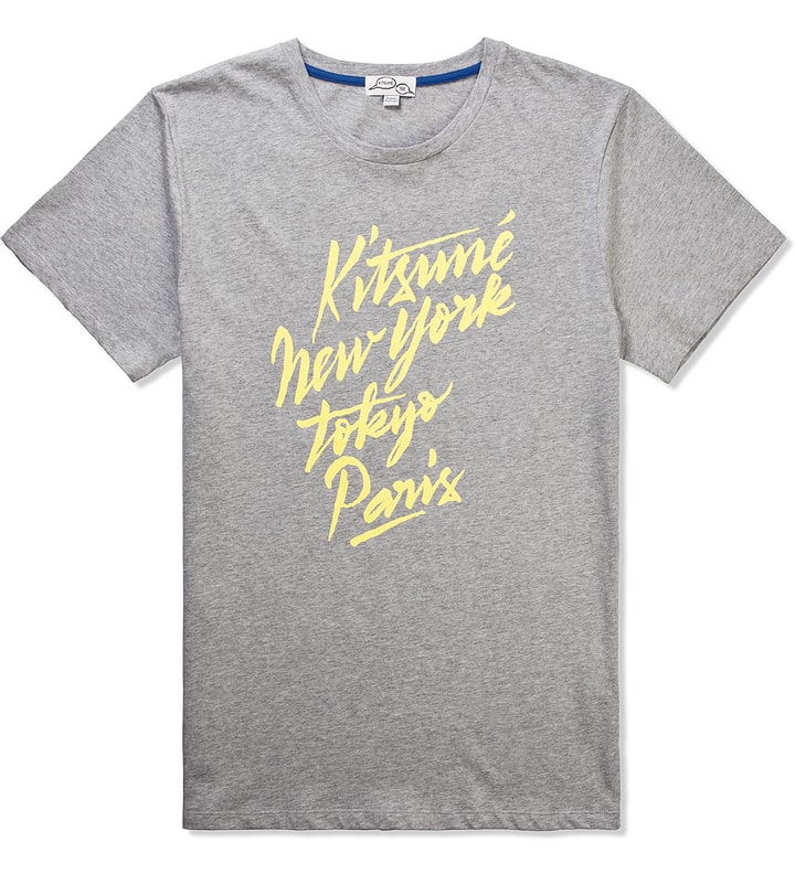 Kitsuné Tee - Grey Melange Kitsune New York Tokyo Paris T-Shirt Andre ...