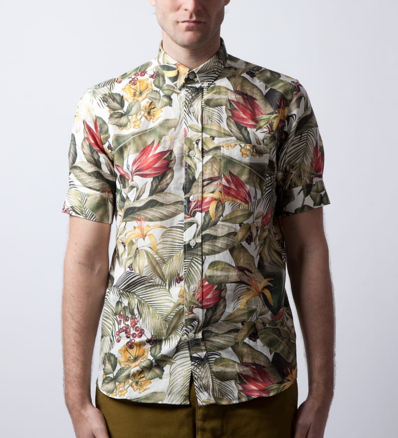 アミ パリス - White Tropical Printed Linen Short Sleeved Button