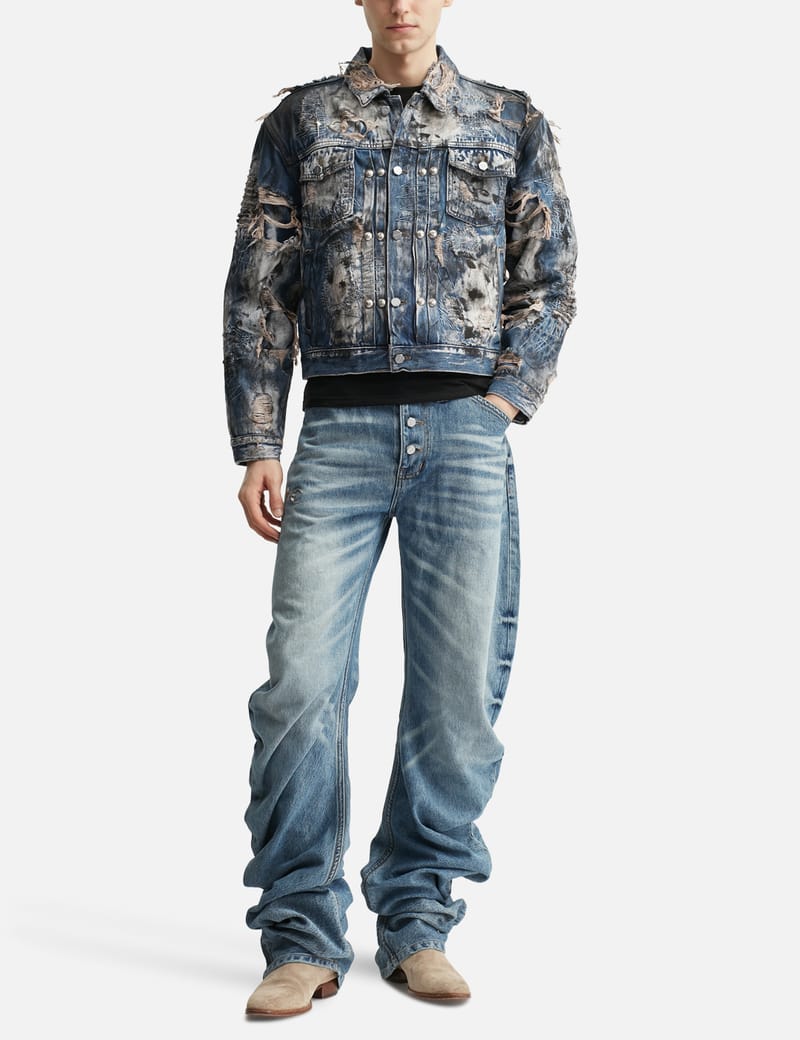 THUG CLUB Hard-washed Damaged Denim Jacket - Distressed blue denim
