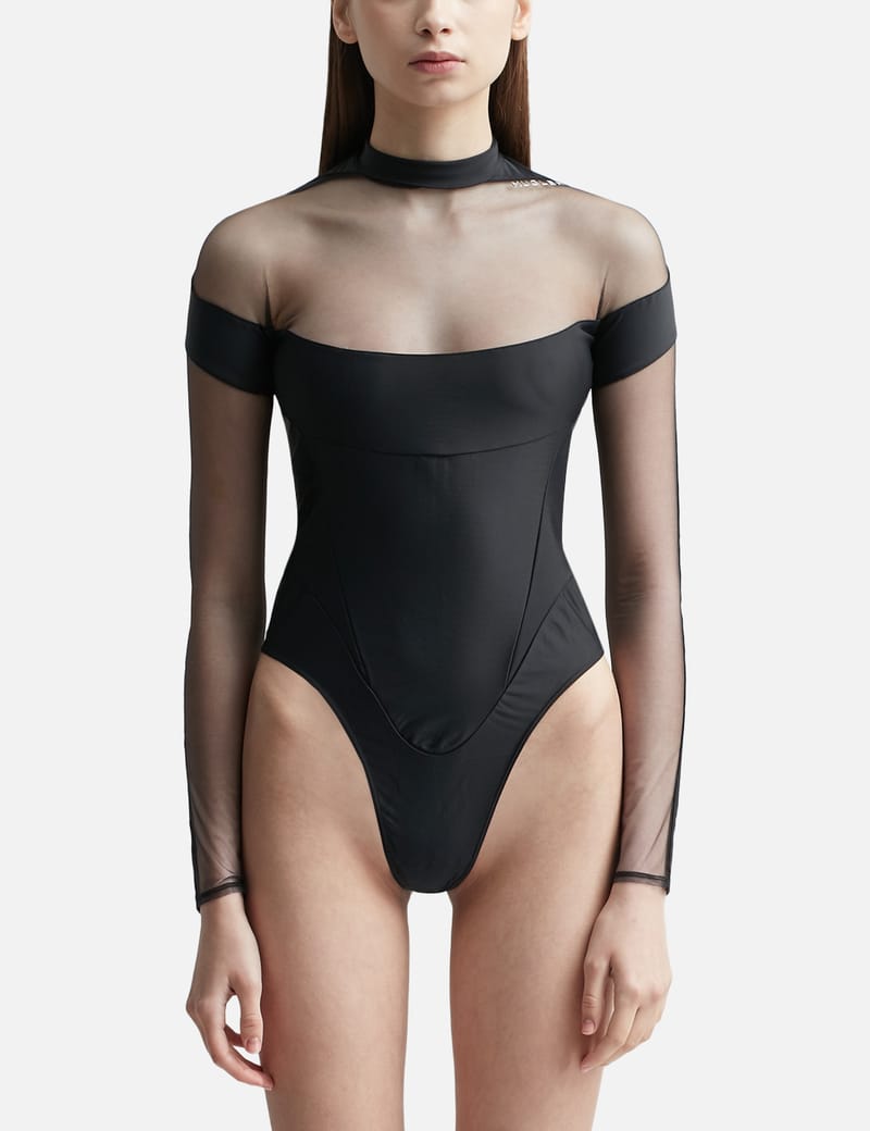 【関税込み】Mugler ブラウン Illusion Shaping ボディスーツ Mugler - イリュージョン ネックライン ボディスーツ | HBX