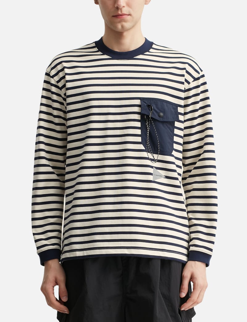 and wander Stripe Pocket Long Sleeves T-Shirt - Functional cotton