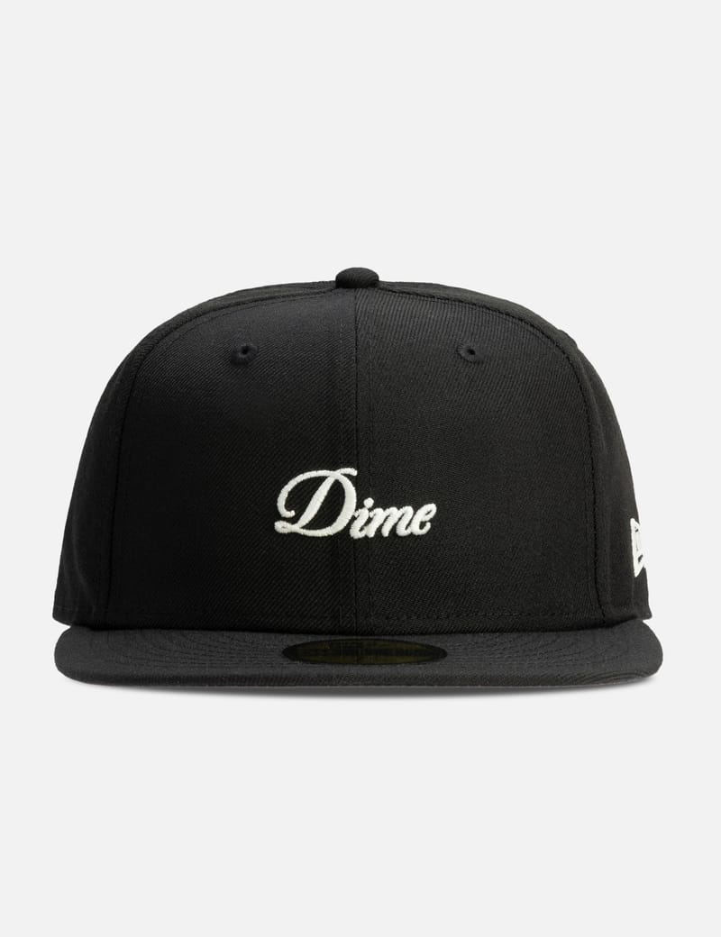 Dime Cursive New Era Cap - Black wool 6-panel cap with embroidered