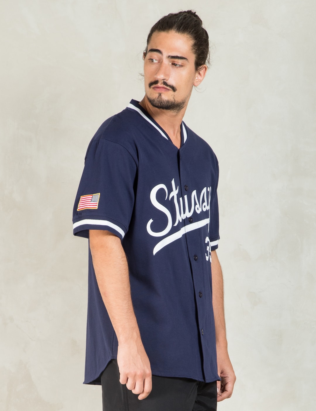 Stüssy - Navy Script Baseball Jersey | HBX - Globally Curated Fashion ...