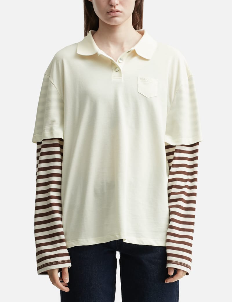 Sandy Liang Dew Top - Oversized cream polo with contrast-striped